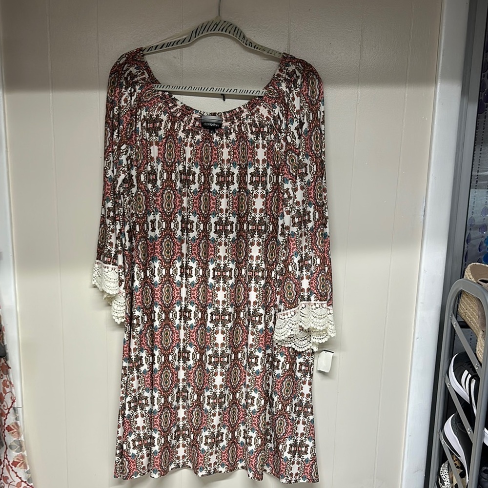 Allison Brittney Pink and Blue Sheath Midi Dress 3/4 Embroidered Sleeves